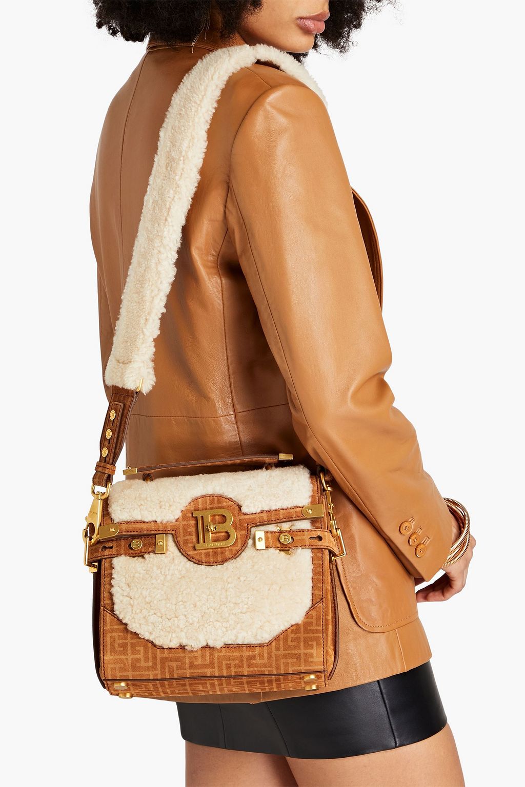 BALMAIN B-Buzz 23 shearling and suede shoulder bag