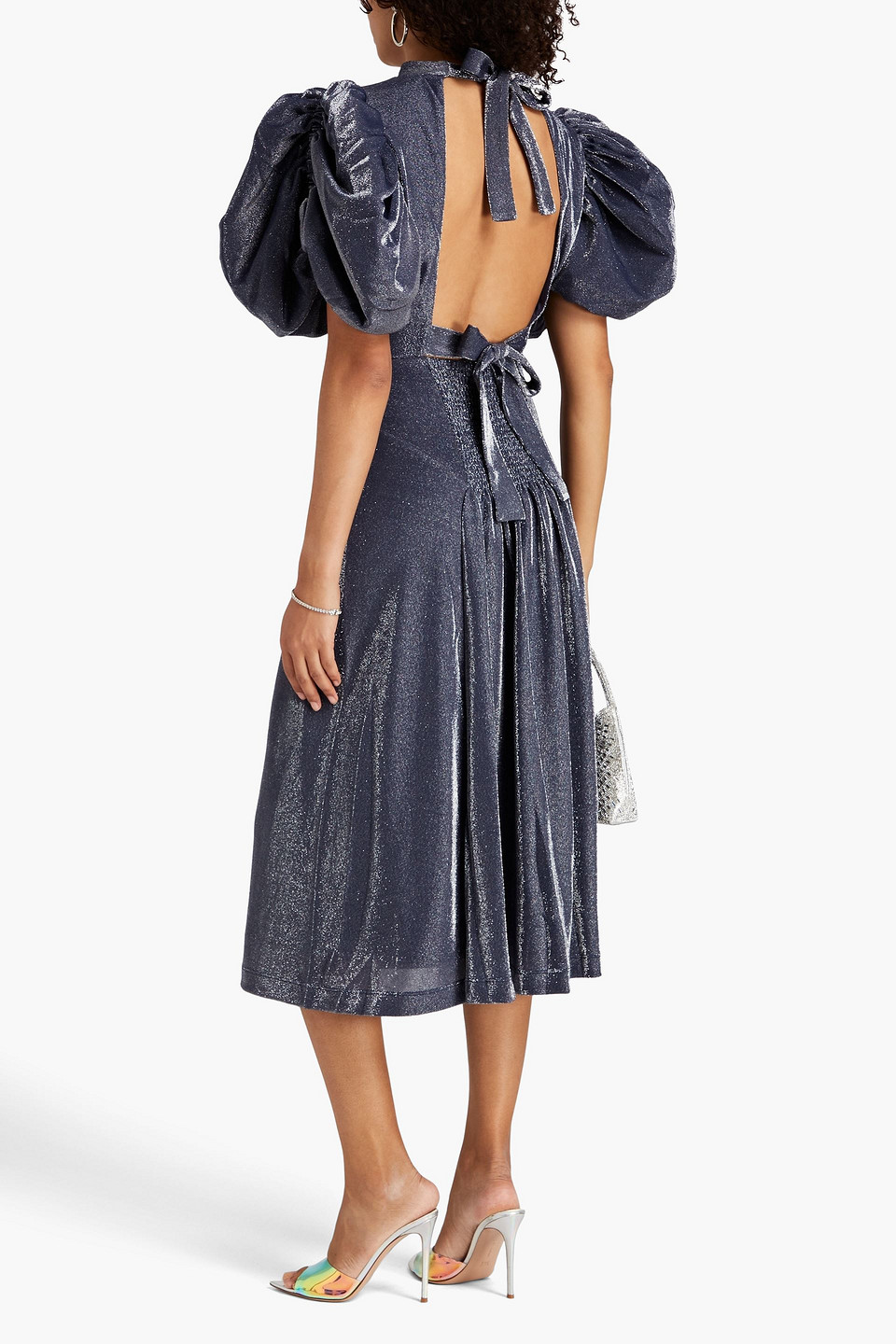 Rotate Birger Christensen Open-back Gathered Metallic Jersey Midi Dress In Navy