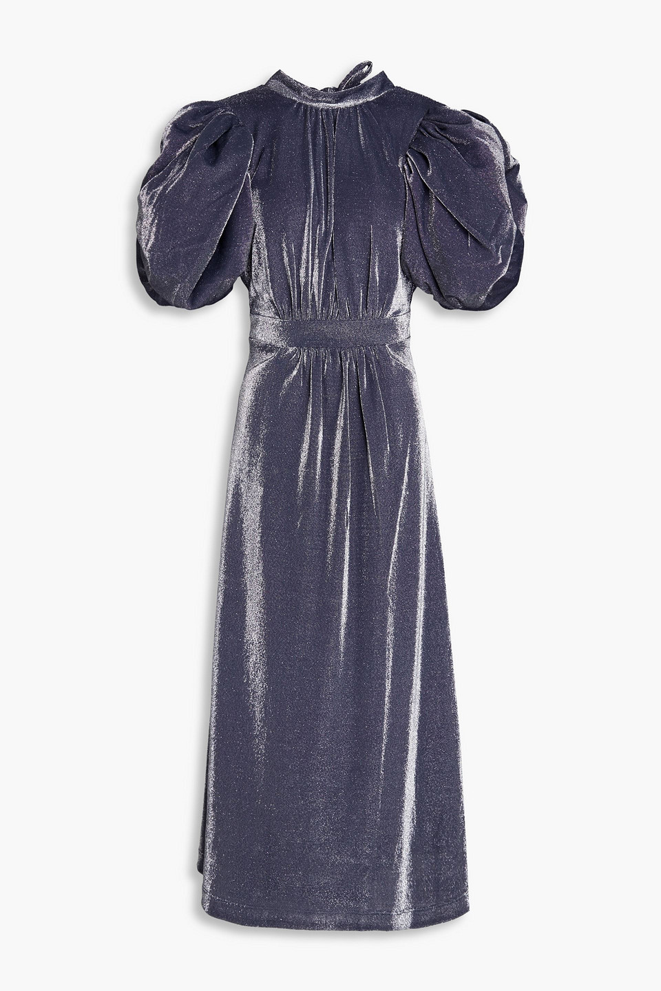 Rotate Birger Christensen Open-back Gathered Metallic Jersey Midi Dress In Navy