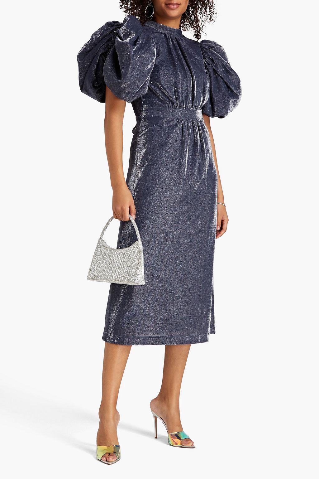 ROTATE BIRGER CHRISTENSEN ジャージー ミディワンピース オープンバック ギャザー入り メタリック