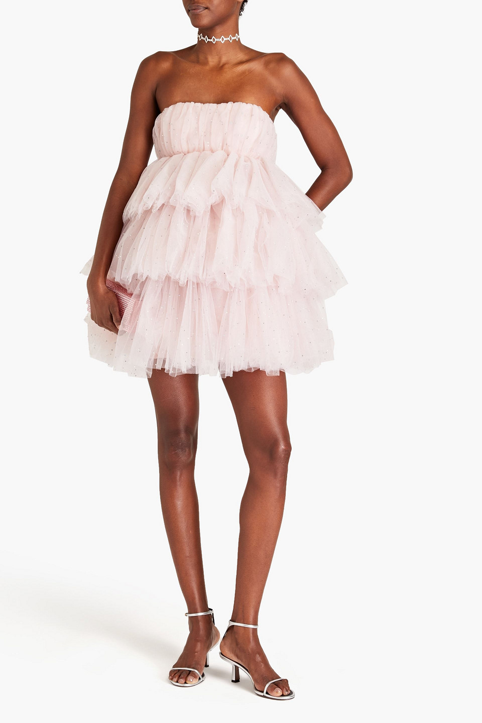 Shop Rotate Birger Christensen Carlosa Tiered Embellished Tulle Mini Dress In Pastel Pink