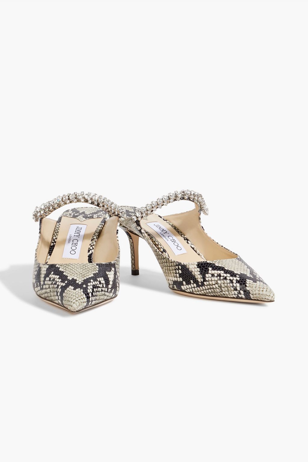JIMMY CHOO Bing 65 crystal-embellished snake-effect leather mules