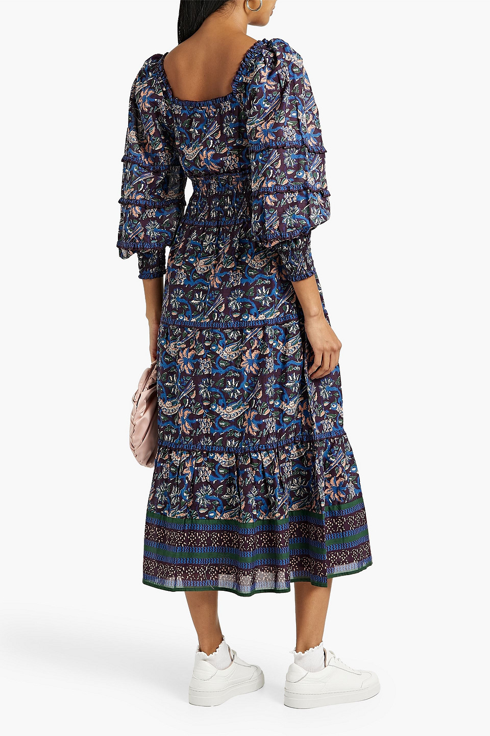 Sea Noah Tiered Shirred Floral-print Cotton-voile Midi Dress In Dark Purple