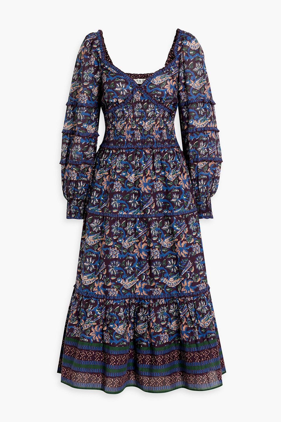 Sea Noah Tiered Shirred Floral-print Cotton-voile Midi Dress In Dark Purple