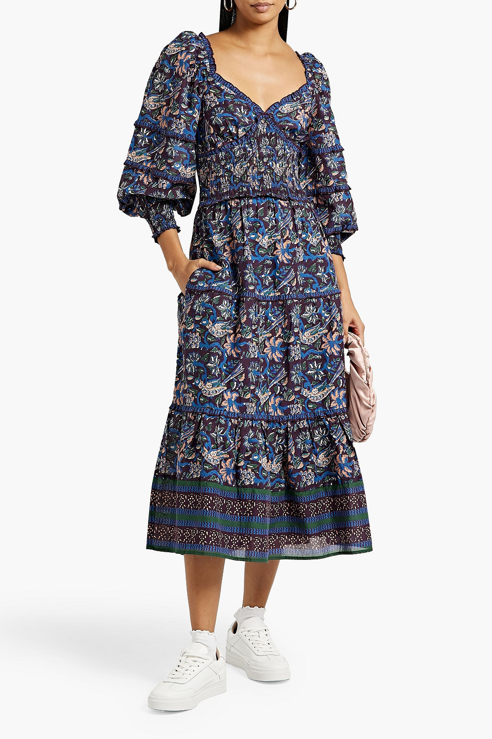 Sea Noah Tiered Shirred Floral-print Cotton-voile Midi Dress In Dark Purple