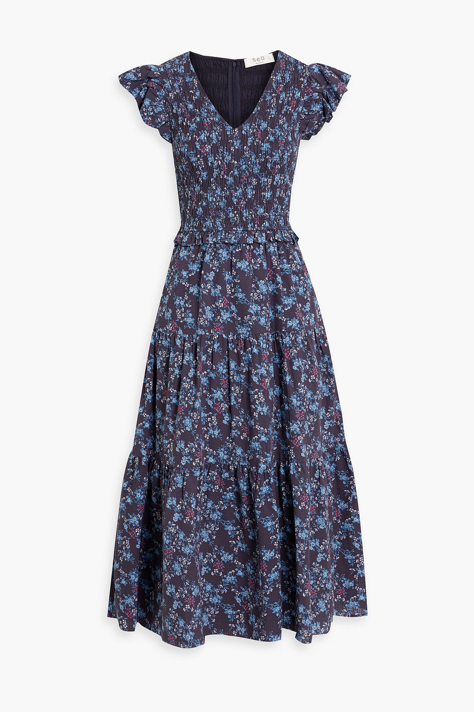 Sweet Seersucker Midi Caftan in Blue Stripe & Flowers