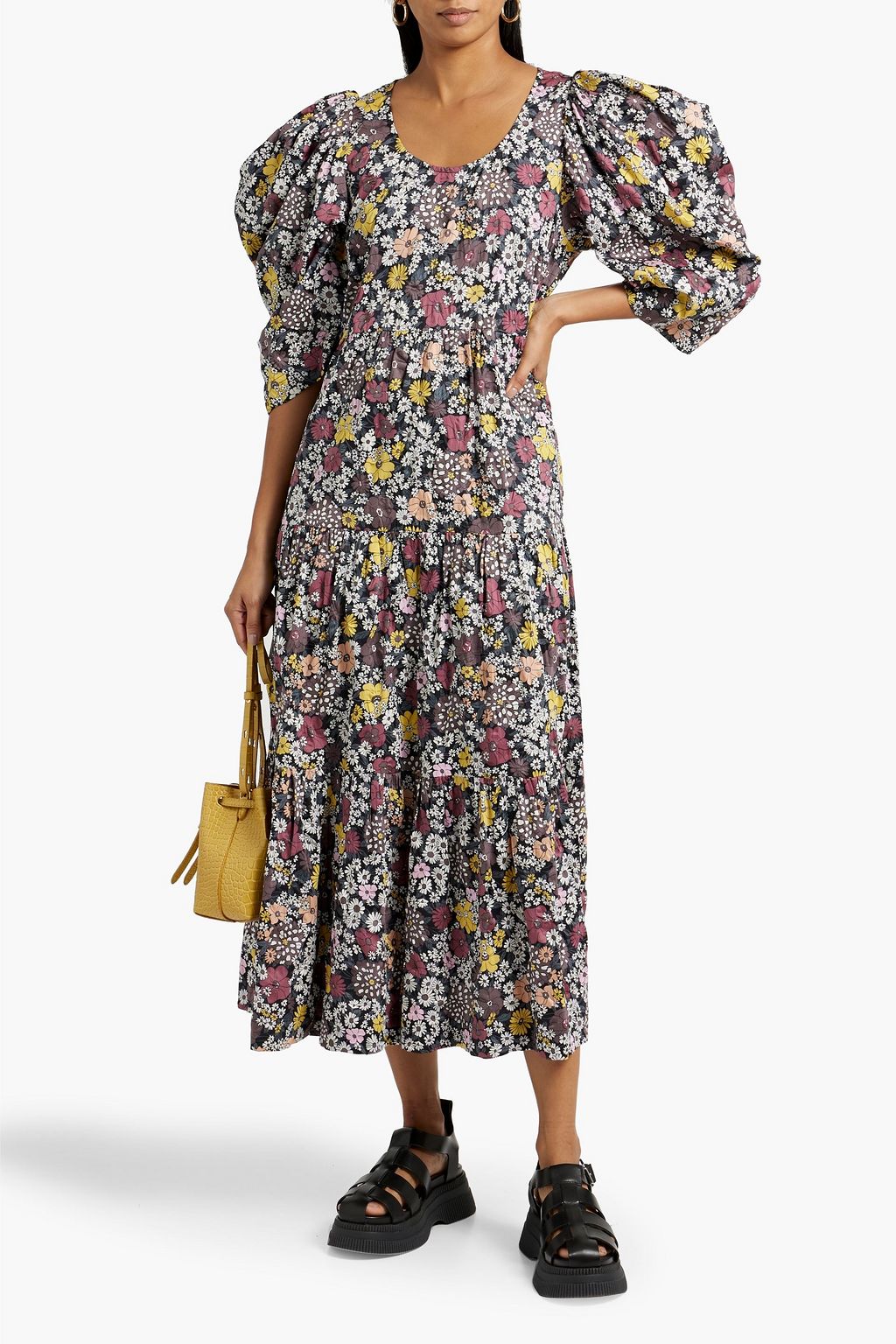 SEA Gitte tiered crinkled floral-print cotton-poplin midi dress