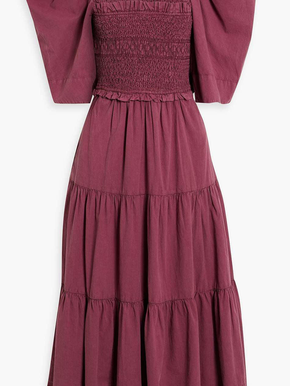 simona bow-detailed smocked cotton midi dress