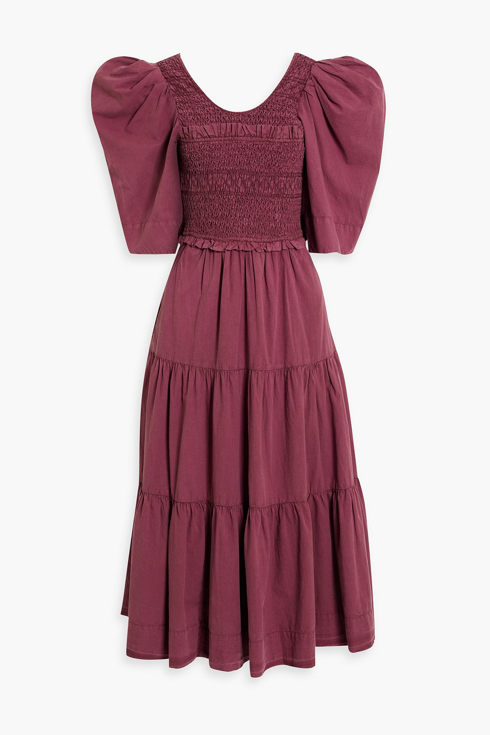 Sea Simona Bow-detailed Smocked Cotton Midi Dress In Merlot