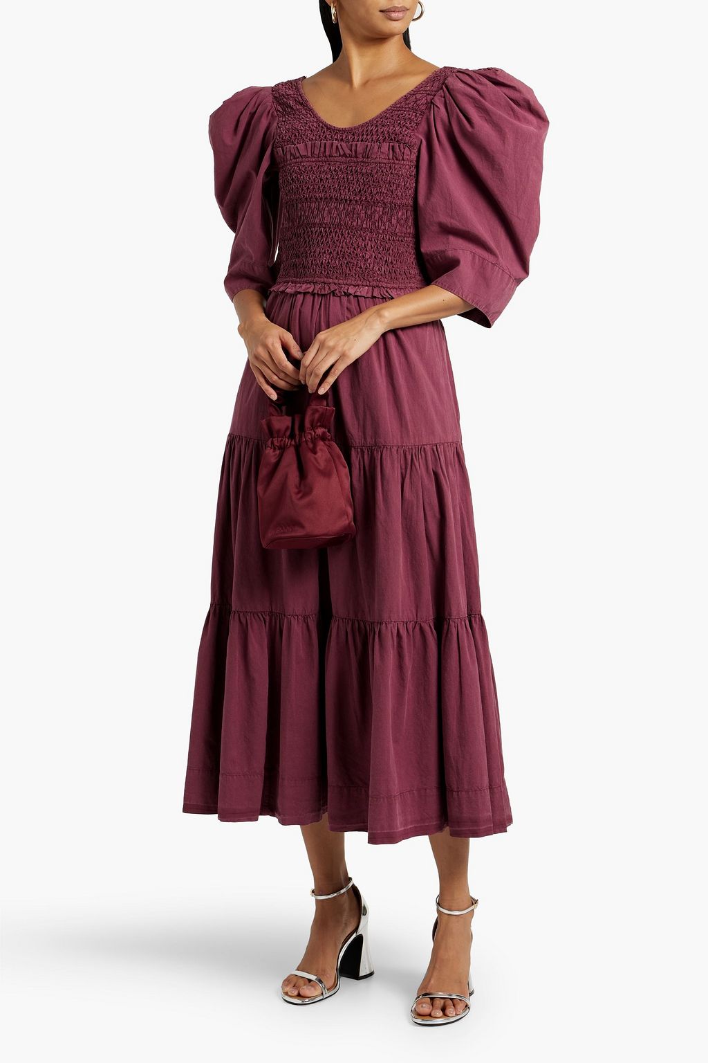 SEA Simona bow-detailed smocked cotton midi dress