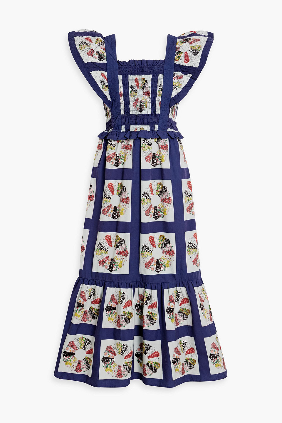 Sea Printed Patchwork-effect Shirred Cotton Midi Dress In Navy