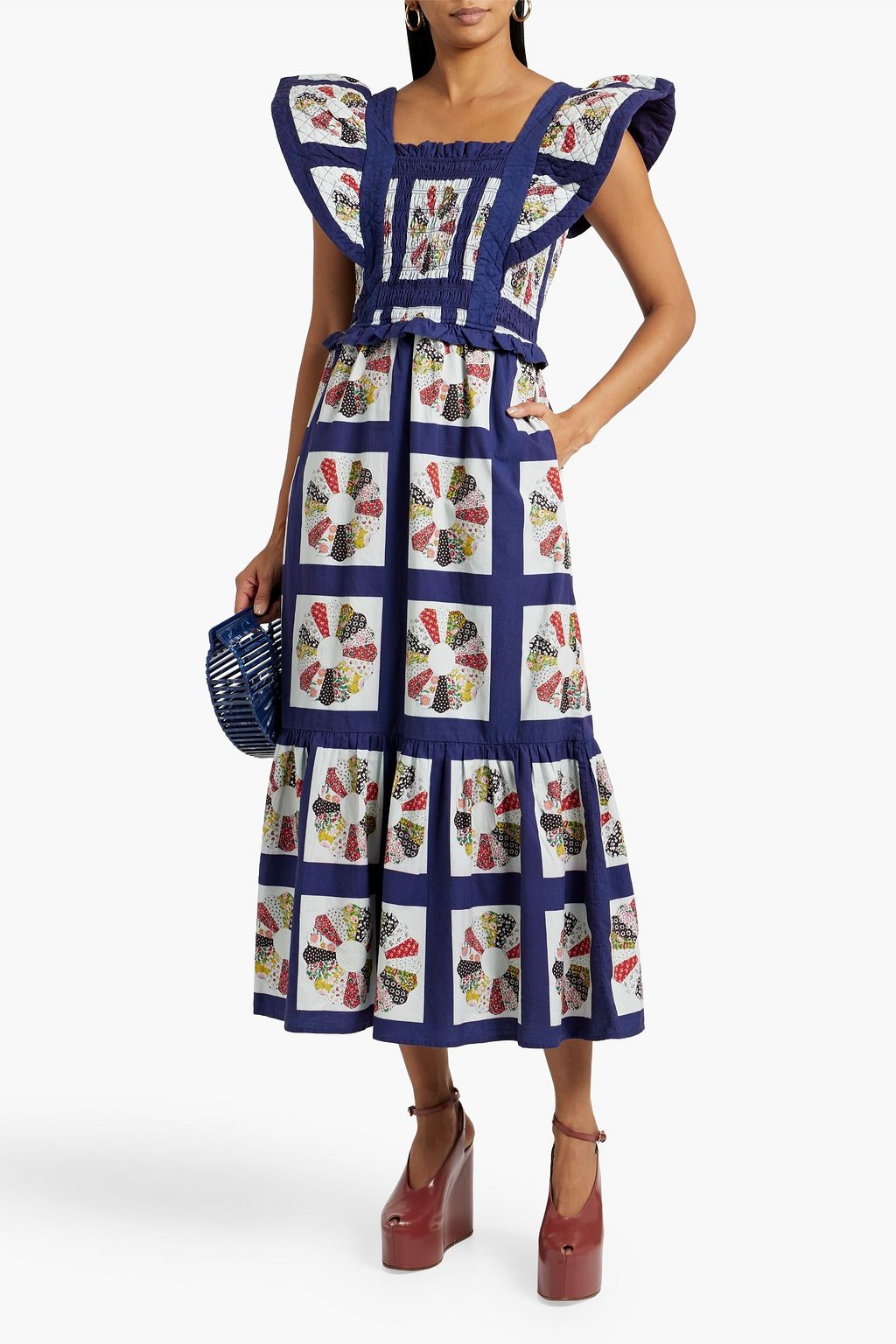 SEA Midikleid aus Baumwolle in Patchwork-Optik mit Print und Raffung