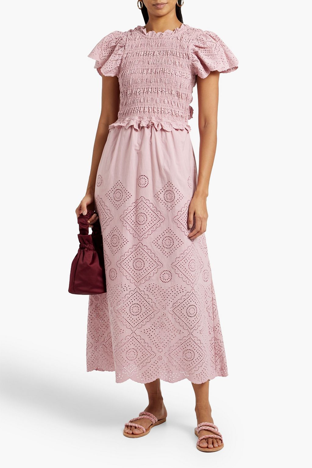 SEA Vienne cutout shirred broderie anglaise cotton midi dress