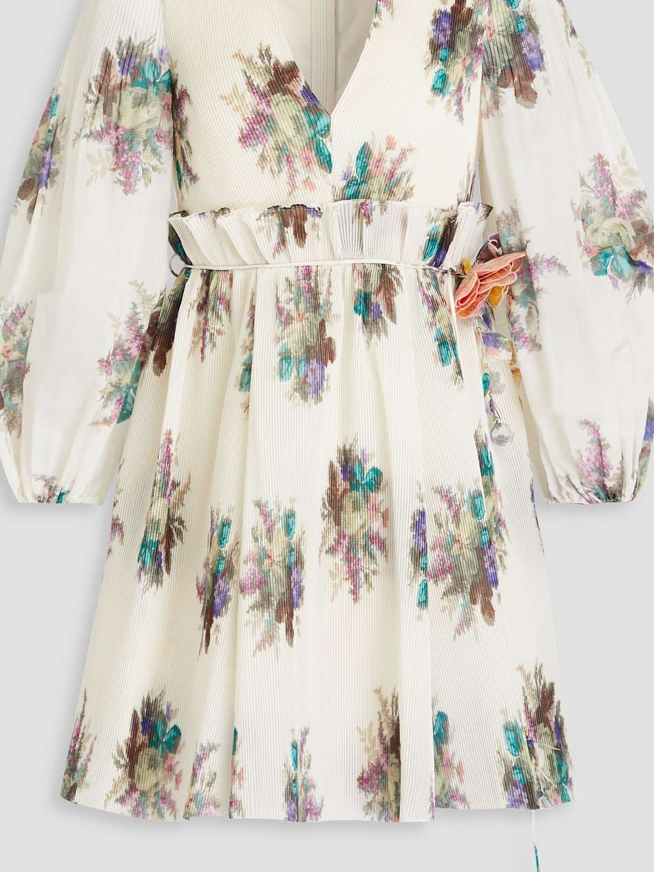 belted pleated floral-print organza mini dress