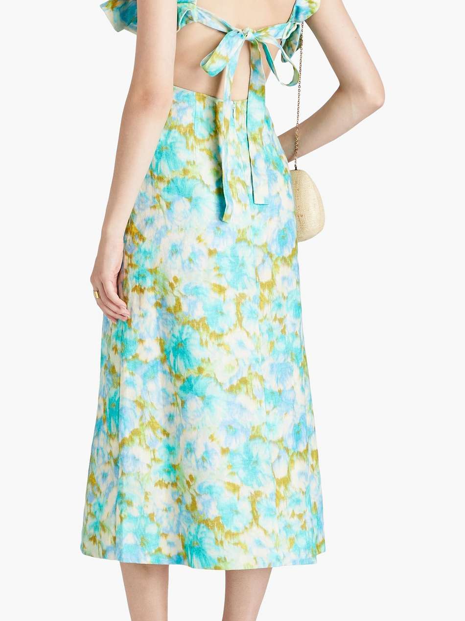 ruffled floral-print linen midi dress