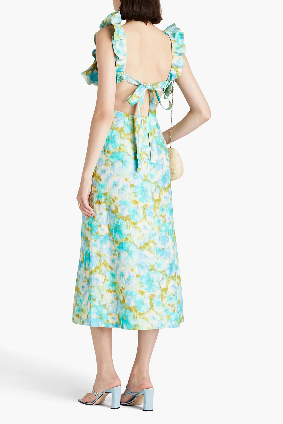 Shop Zimmermann Ruffled Floral-print Linen Midi Dress In Turquoise