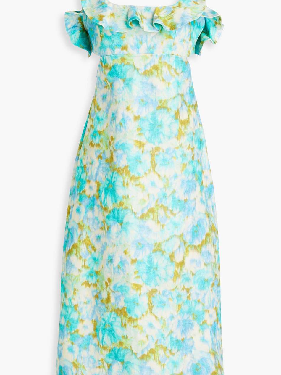 ruffled floral-print linen midi dress
