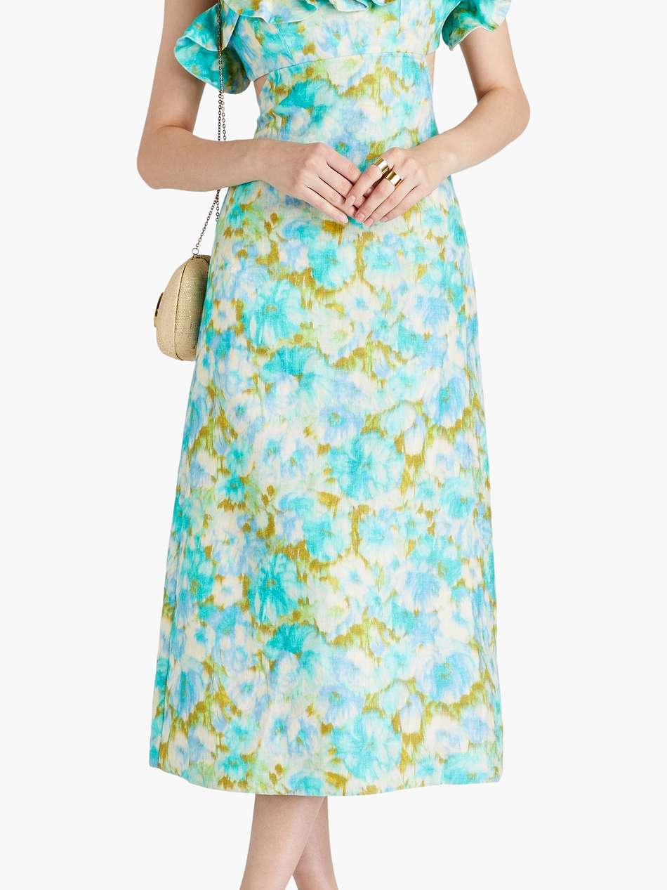 ruffled floral-print linen midi dress