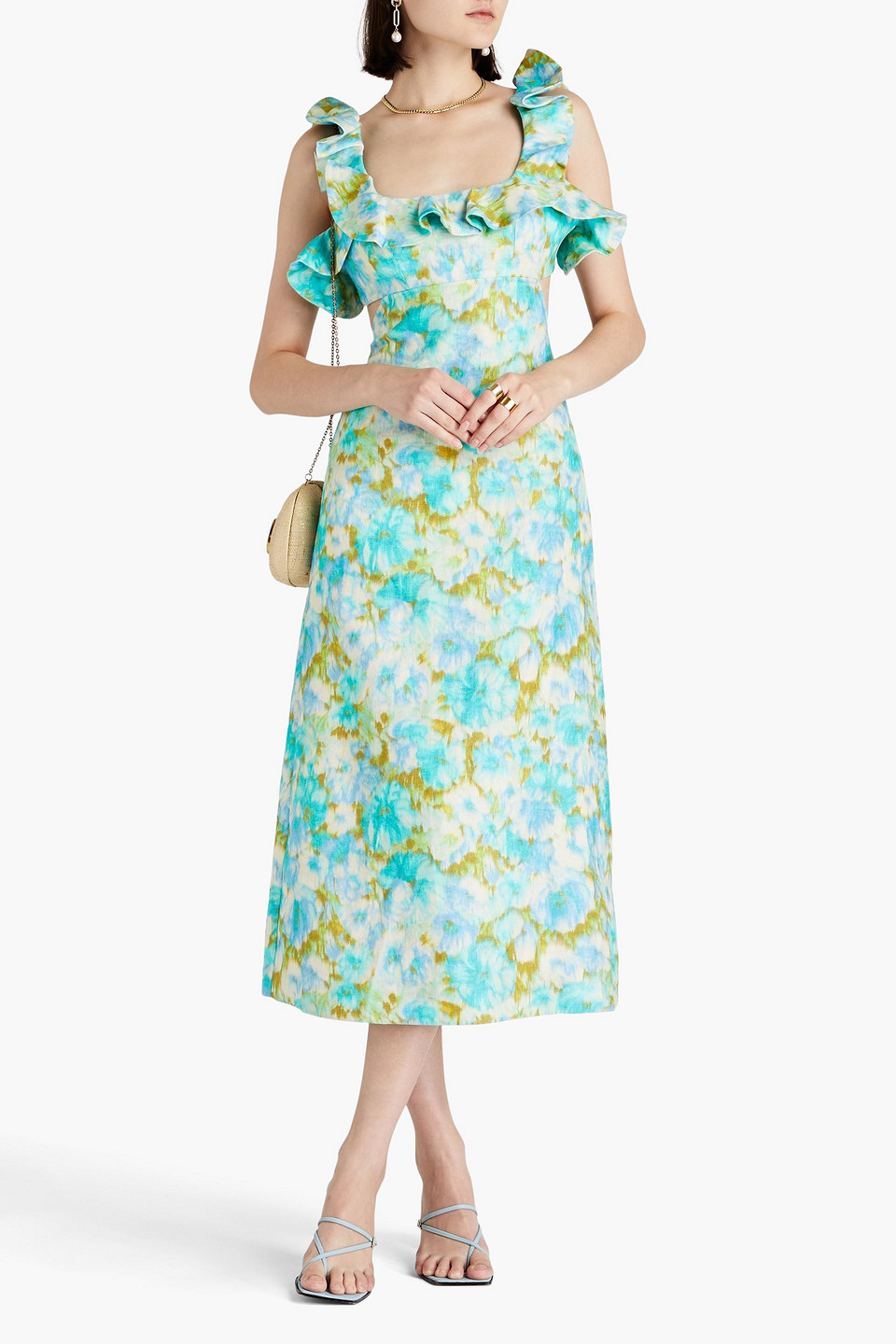 Shop Zimmermann Ruffled Floral-print Linen Midi Dress In Turquoise