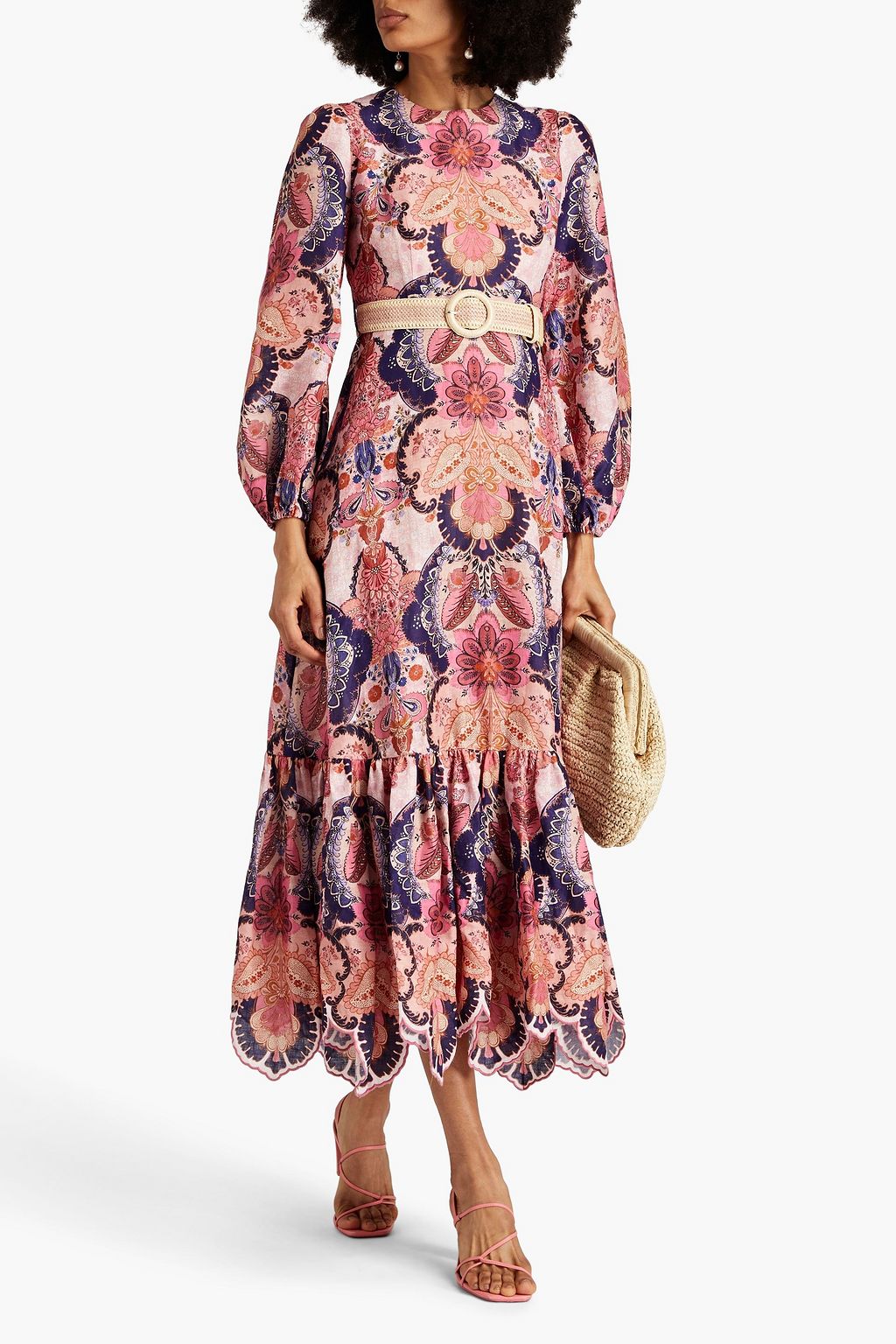 ZIMMERMANN Belted paisley-print linen midi dress