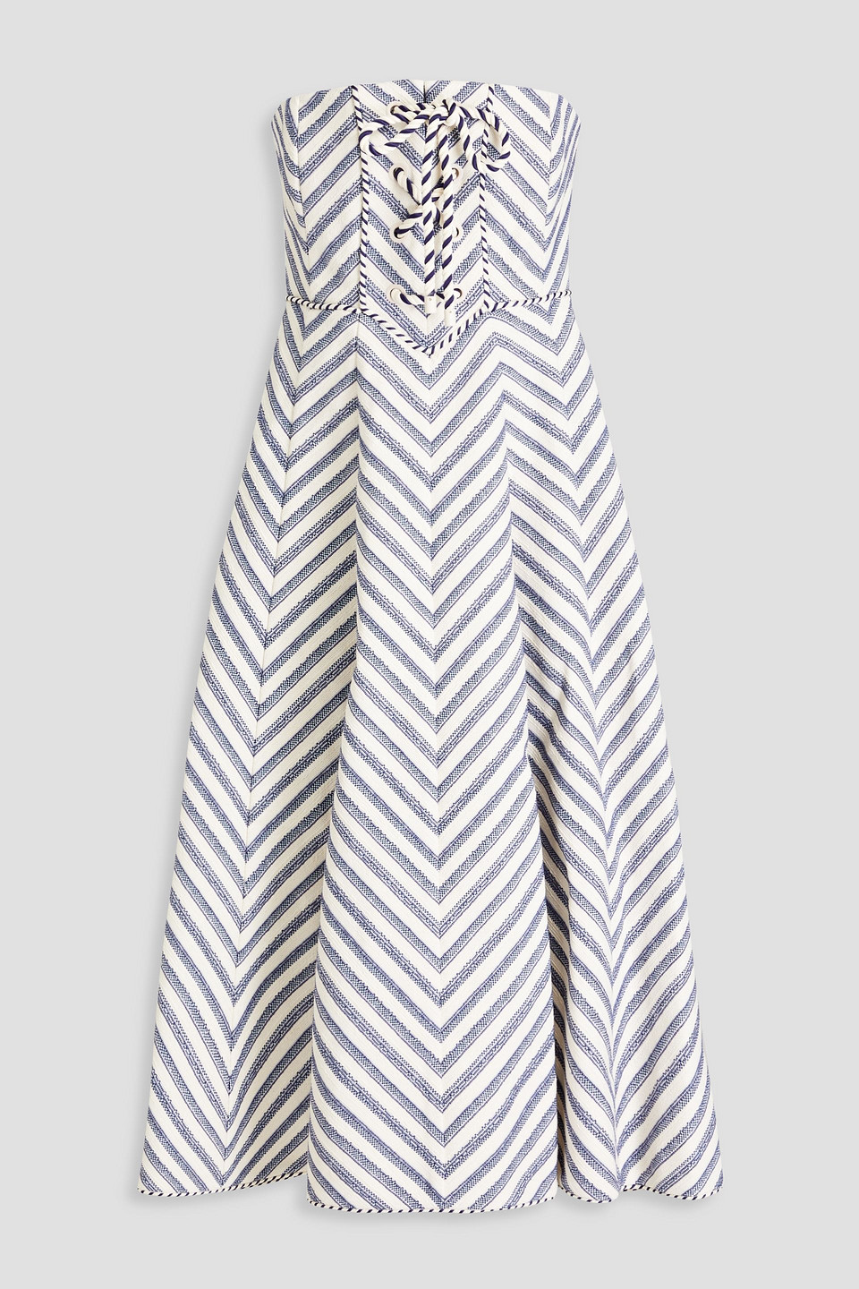 Zimmermann Strapless Lace-up Herringbone Cotton-blend Midi Dress In Navy