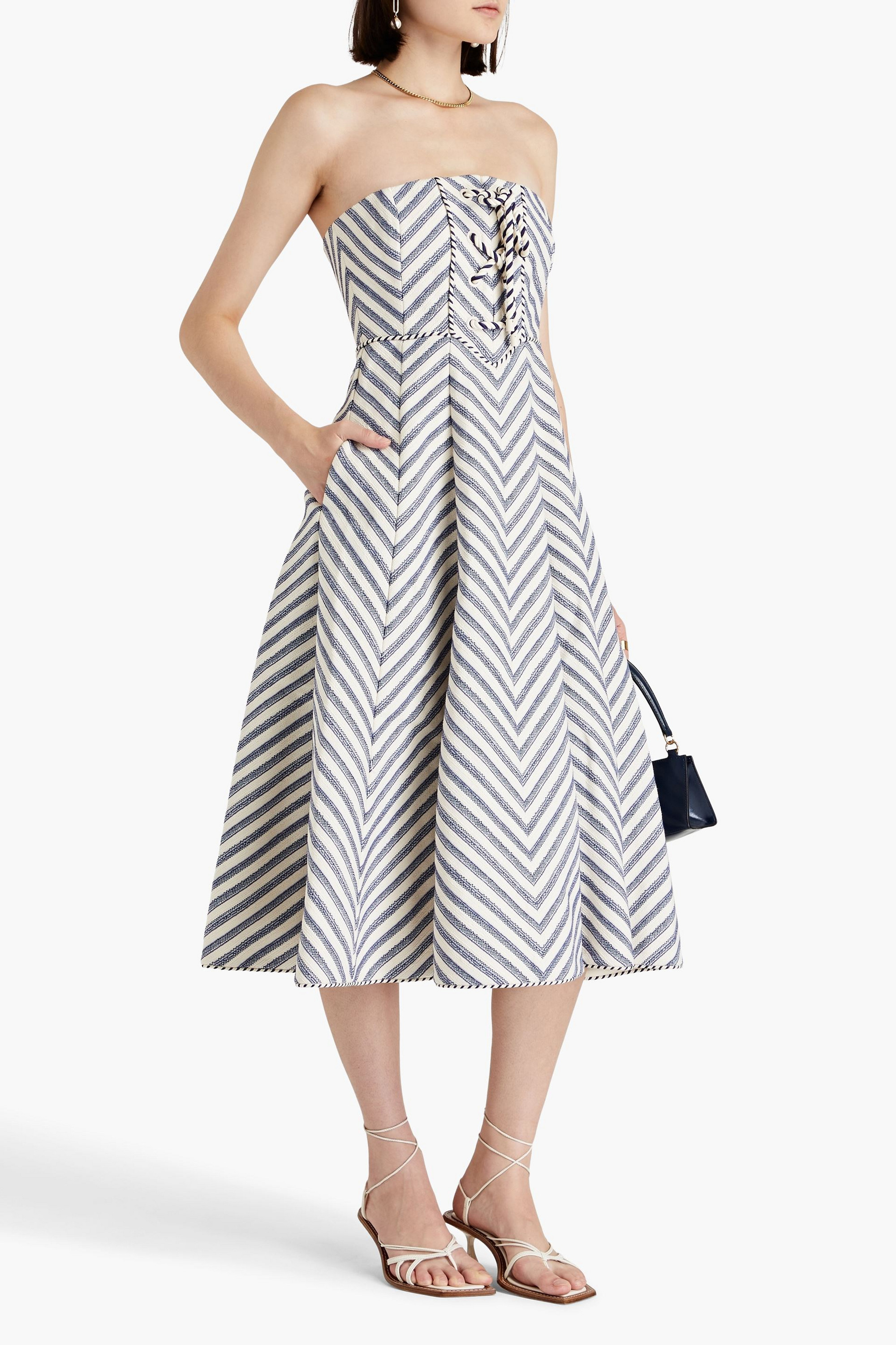 Zimmermann Strapless lace-up herringbone cotton-blend midi dress
