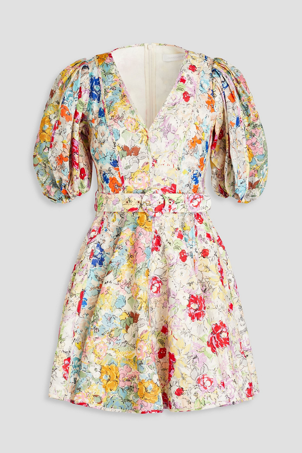 Belted floral-print linen mini dress