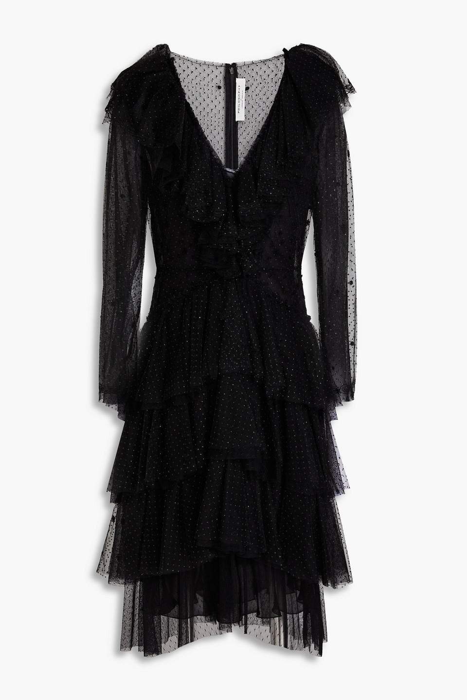 Philosophy Di Lorenzo Serafini Ruffled Glittered Point D'esprit Dress In Black