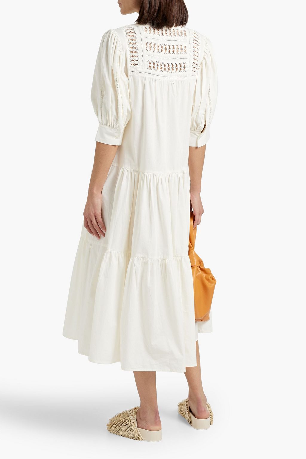 SEA Tiered macramé-paneled cotton-poplin midi dress