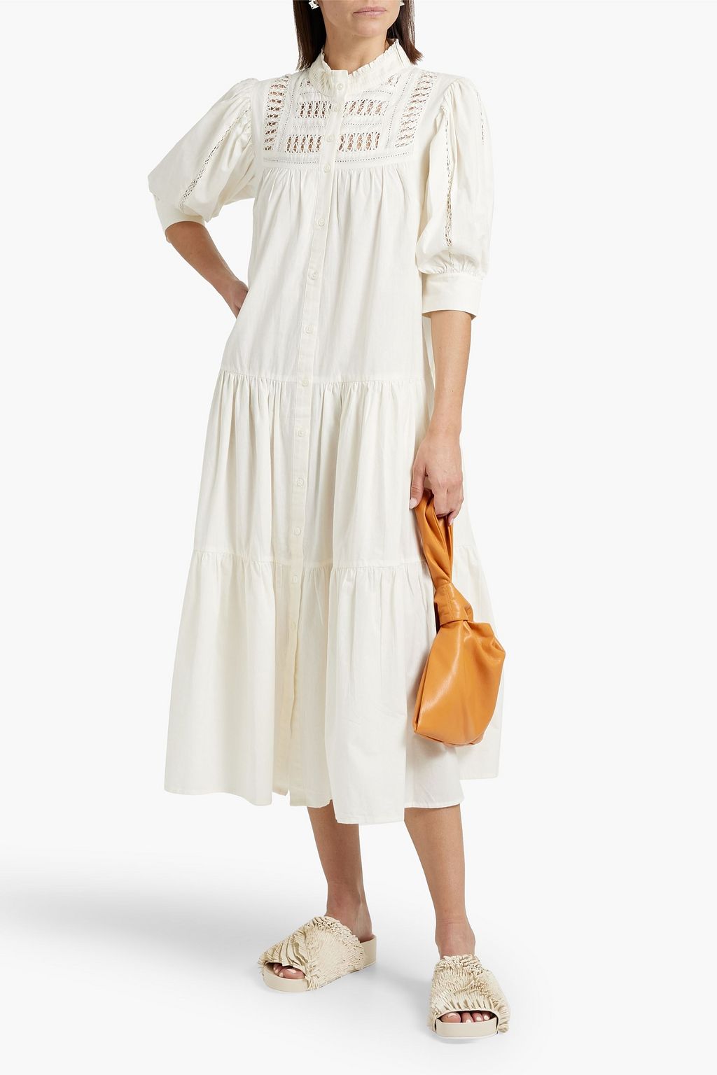 SEA Tiered macramé-paneled cotton-poplin midi dress
