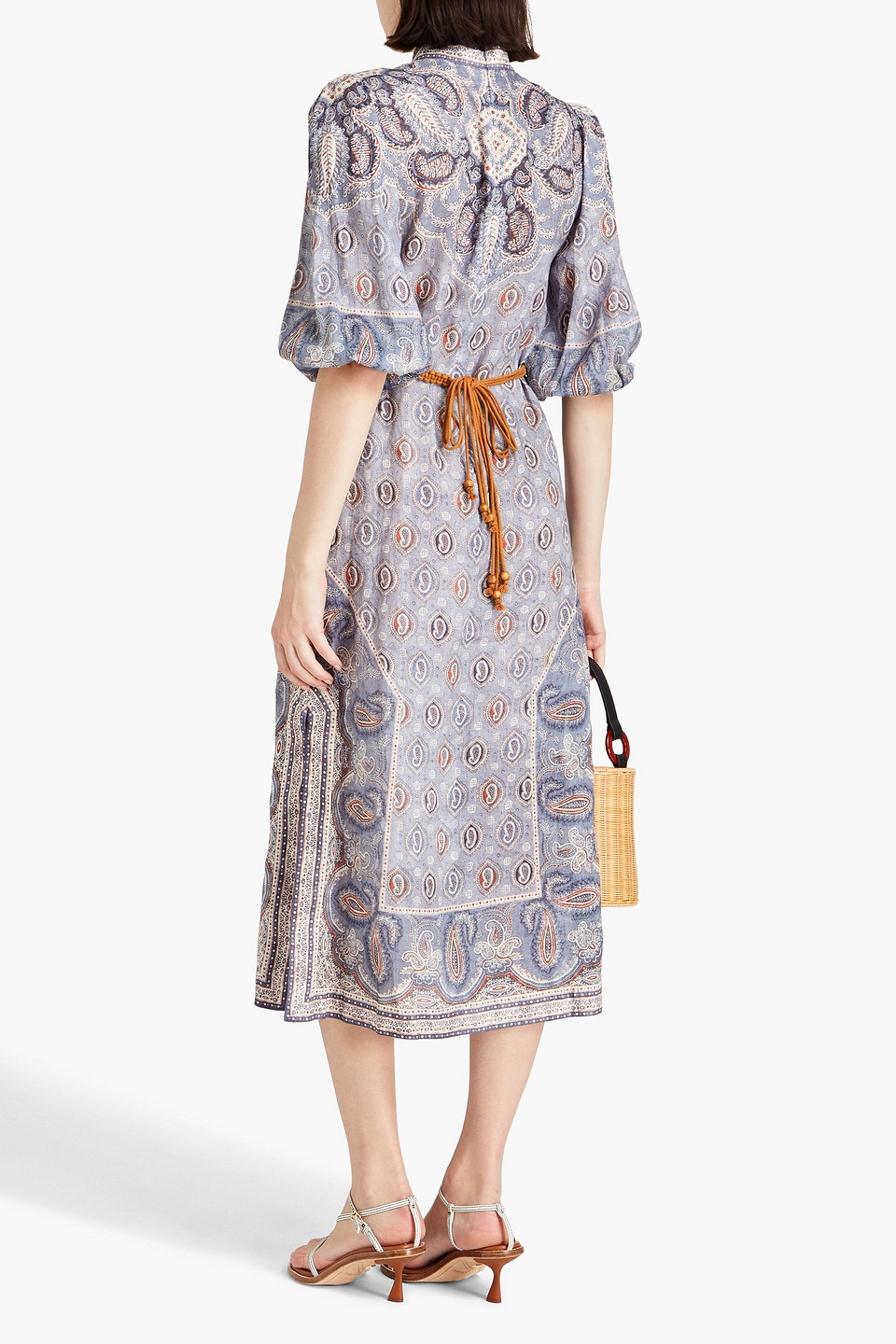 Shop Zimmermann Belted Paisley-print Linen Midi Dress In Bleu