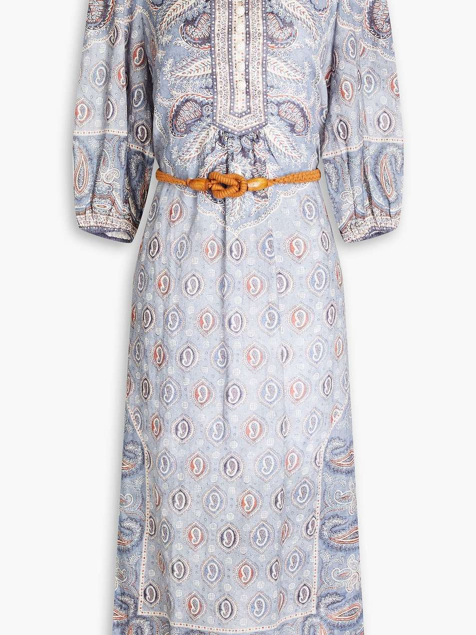 belted paisley-print linen midi dress