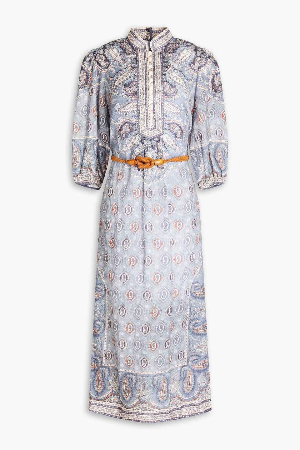 Zimmermann Belted Paisley-print Linen Midi Dress In Bleu