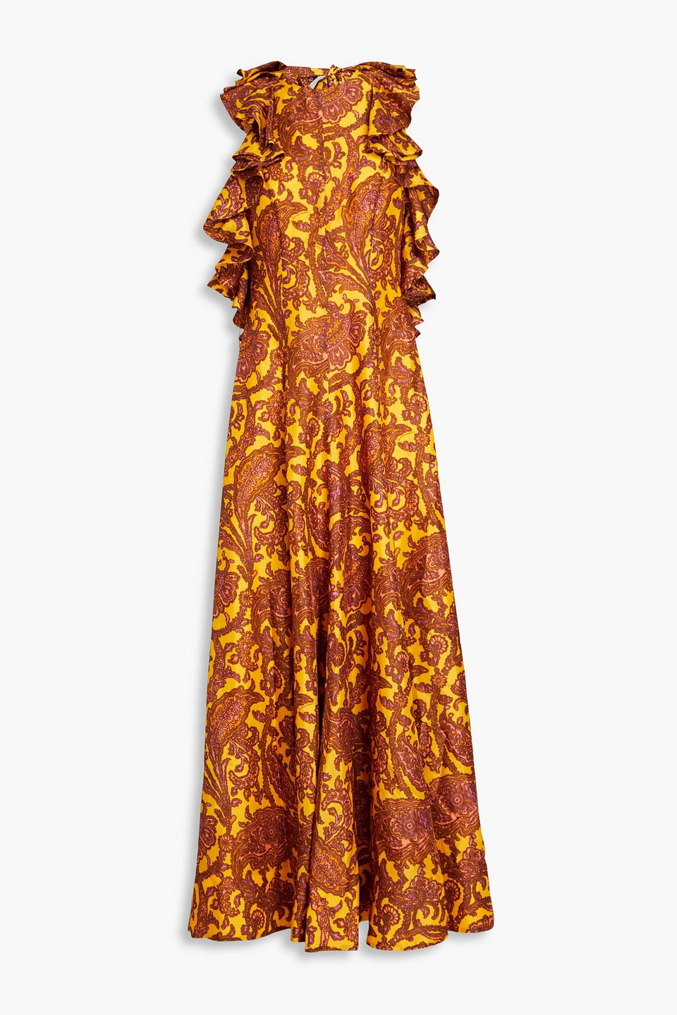 Zimmermann Ruffled Printed Silk Halterneck Maxi Dress In Marigold