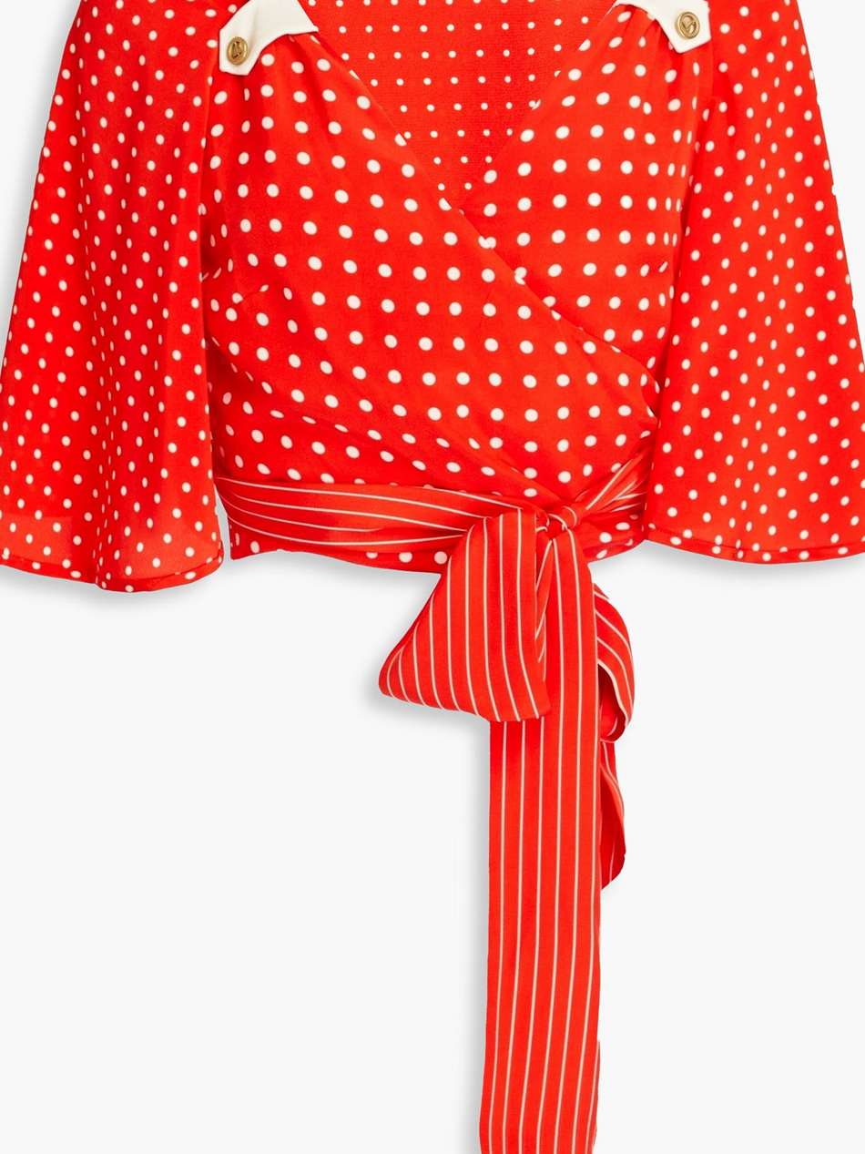 cropped polka-dot silk crepe de chine wrap top