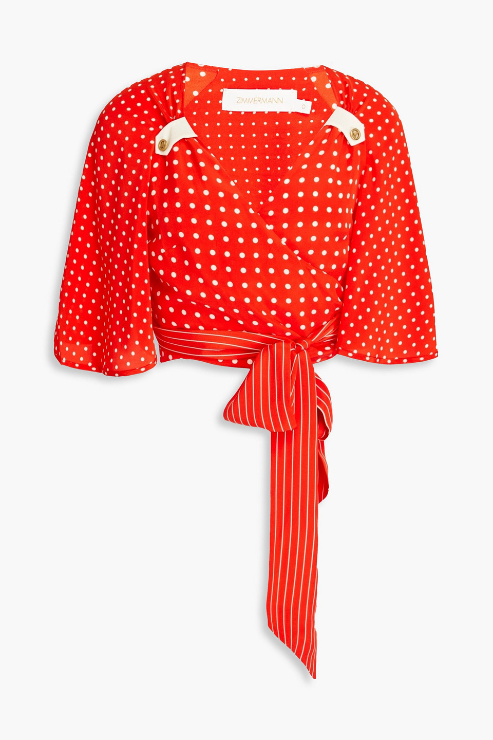 Zimmermann Cropped Polka-dot Silk-satin Wrap Top In Tomato Red