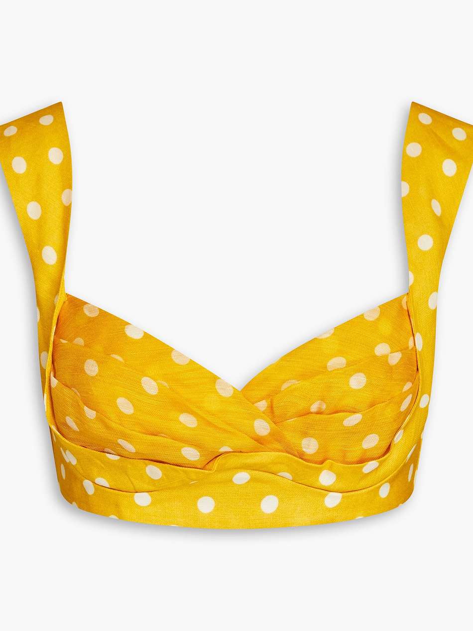 pleated polka-dot linen and silk-blend bra top