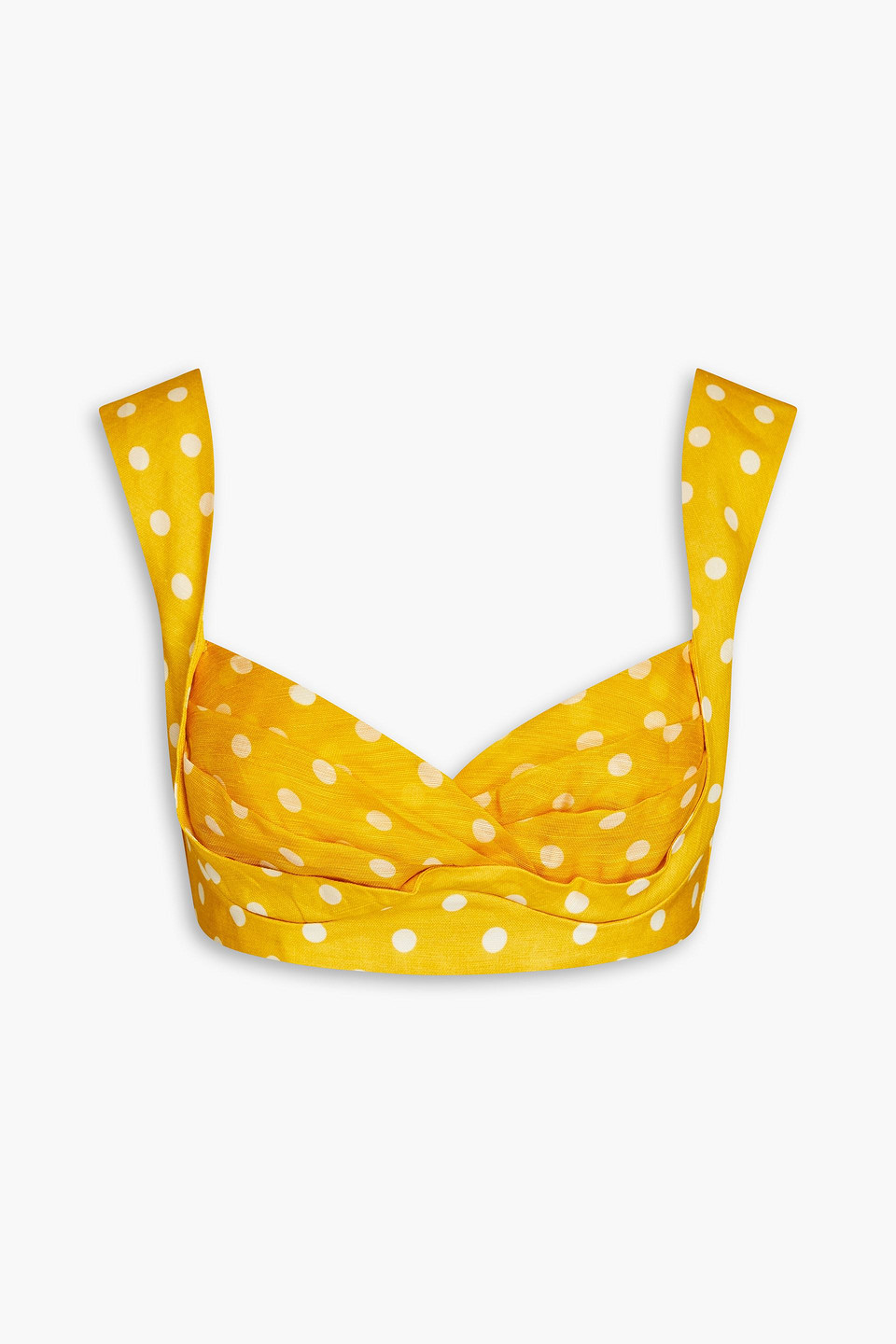 Shop Zimmermann Pleated Polka-dot Linen And Silk-blend Bra Top In Yellow