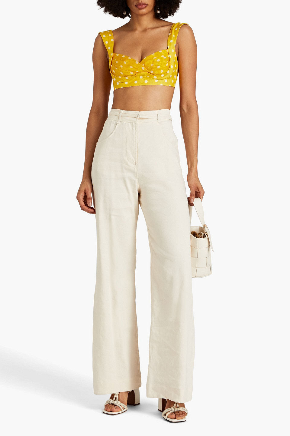 Shop Zimmermann Pleated Polka-dot Linen And Silk-blend Bra Top In Yellow