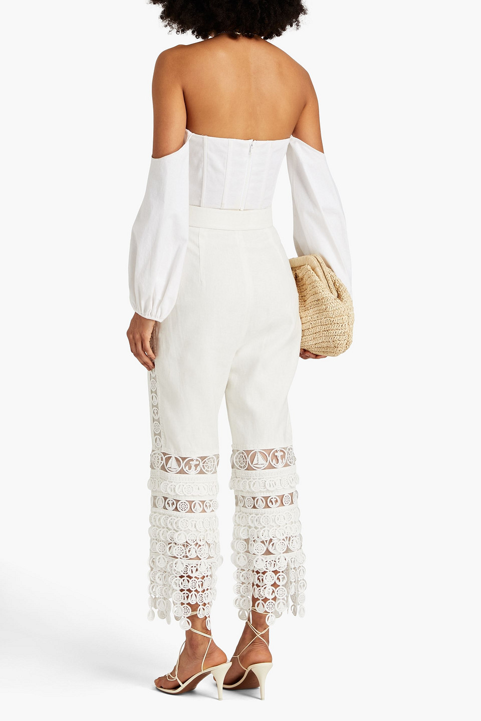 Zimmermann Cropped Guipure Lace And Linen Straight-leg Pants In Ecru