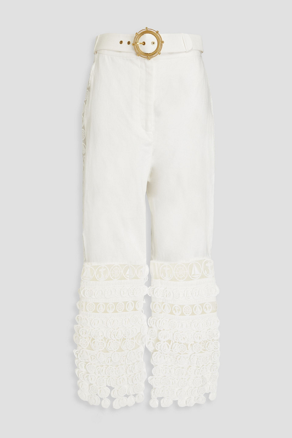 Zimmermann Cropped Guipure Lace And Linen Straight-leg Trousers In White