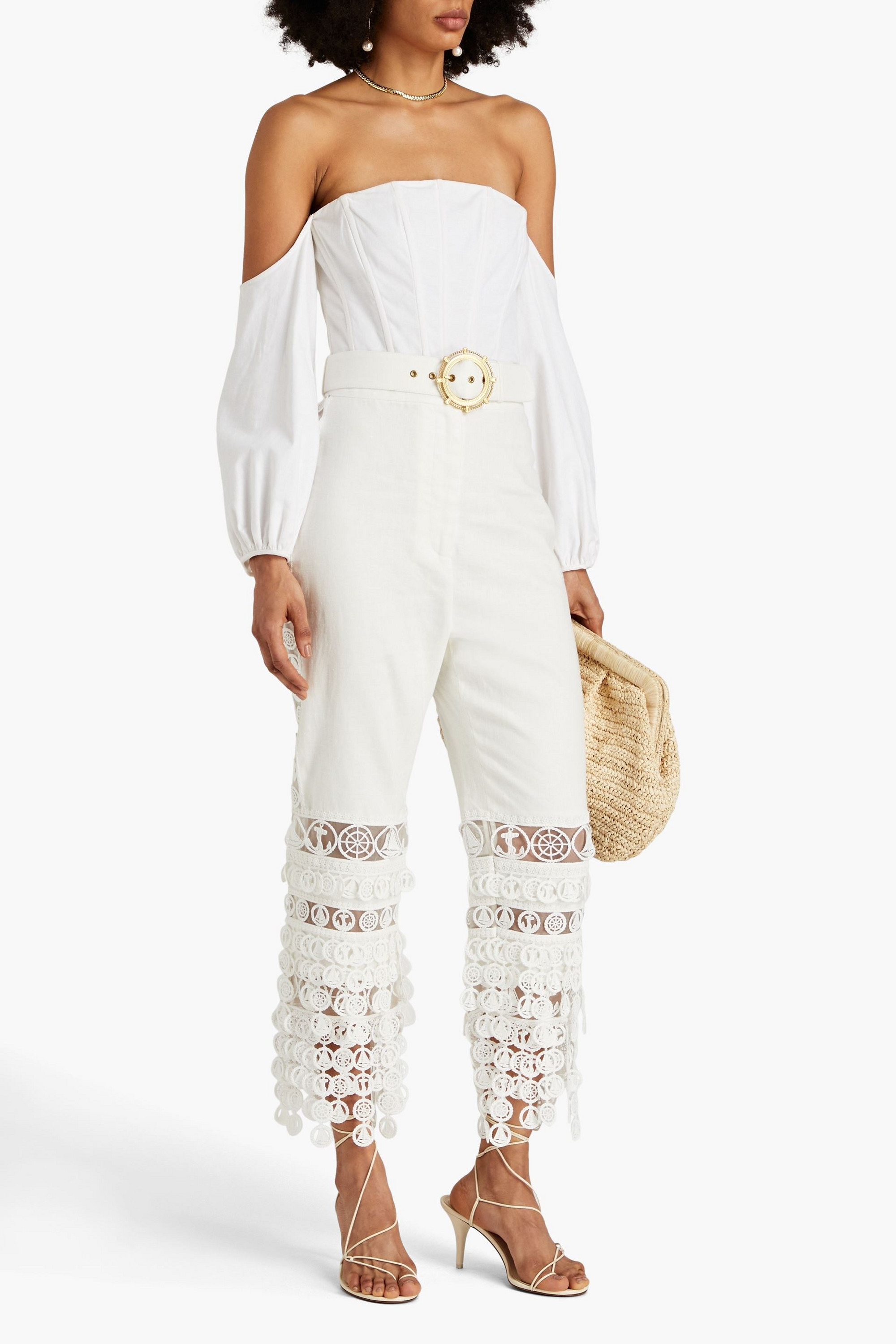 Zimmermann Cropped guipure lace and linen straight-leg pants