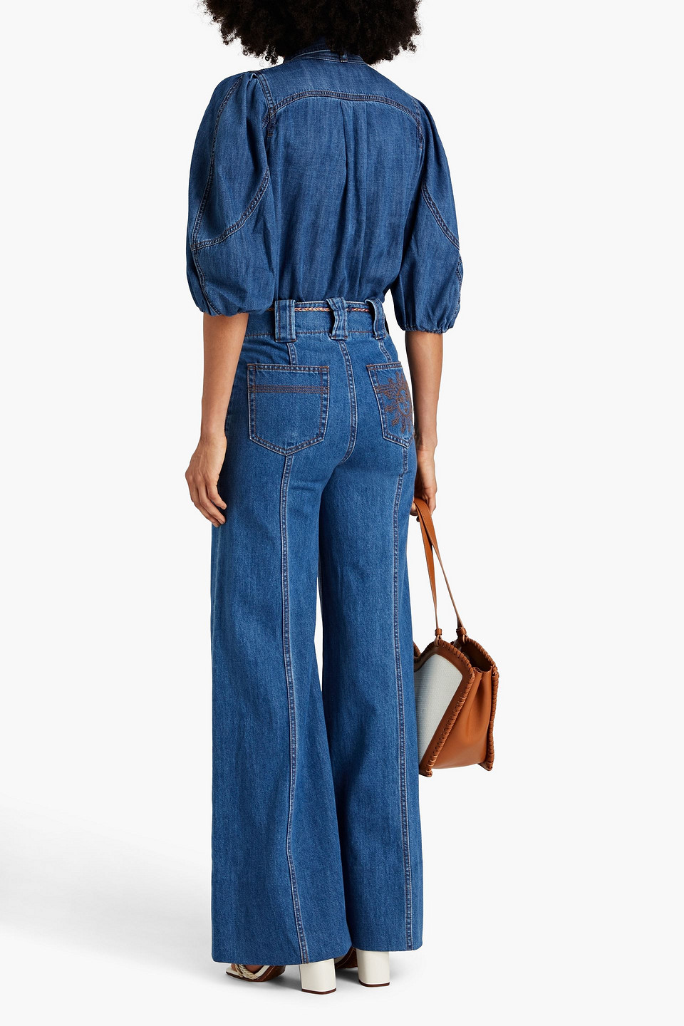 Shop Zimmermann Embroidered High-rise Wide-leg Jeans In Mid Denim