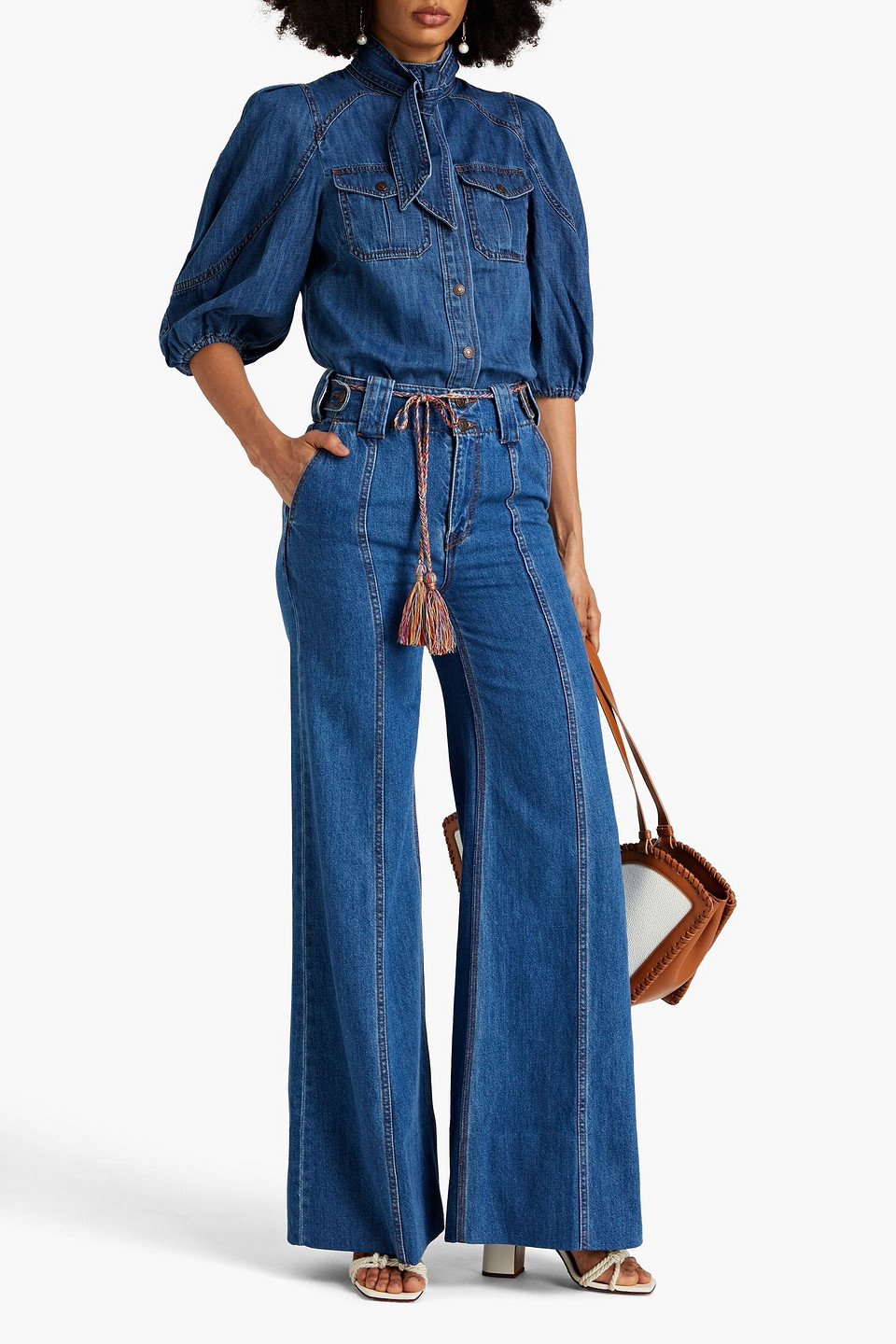 Shop Zimmermann Embroidered High-rise Wide-leg Jeans In Mid Denim