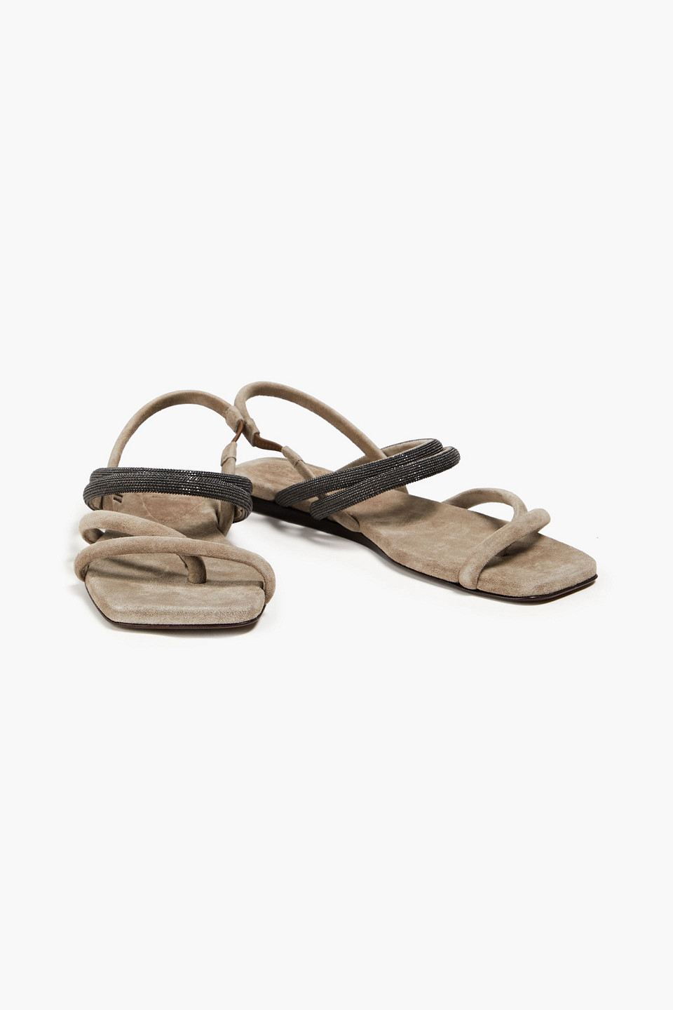 Brunello Cucinelli Bead-embellished Suede Slingback Sandals In Mushroom