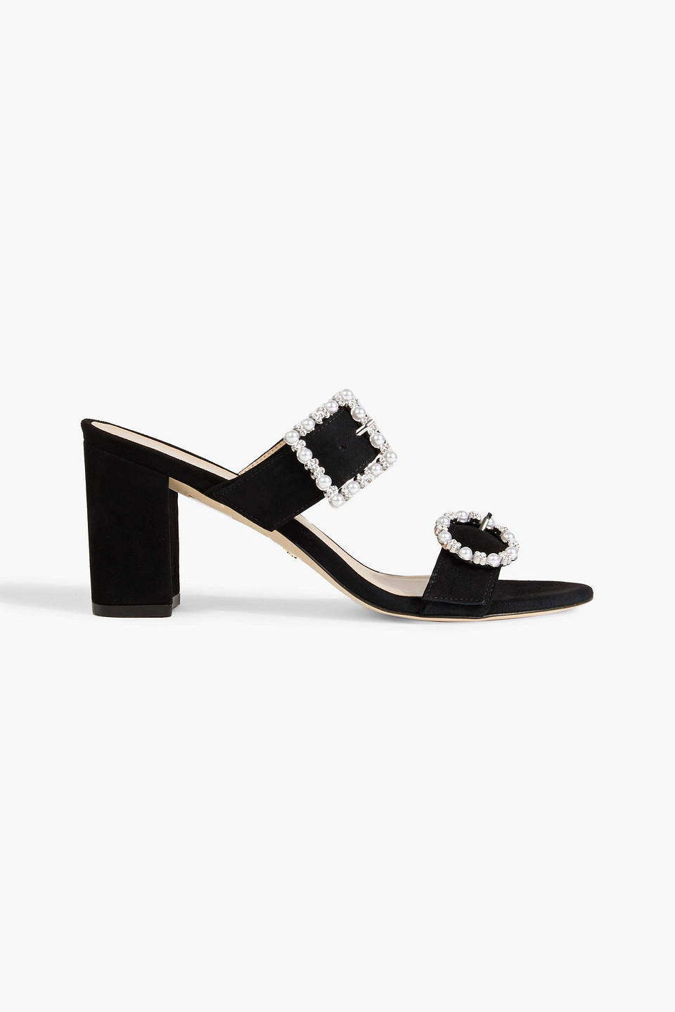 Stuart Weitzman Pearl Geo Buckle Embellished Suede Mules In Black