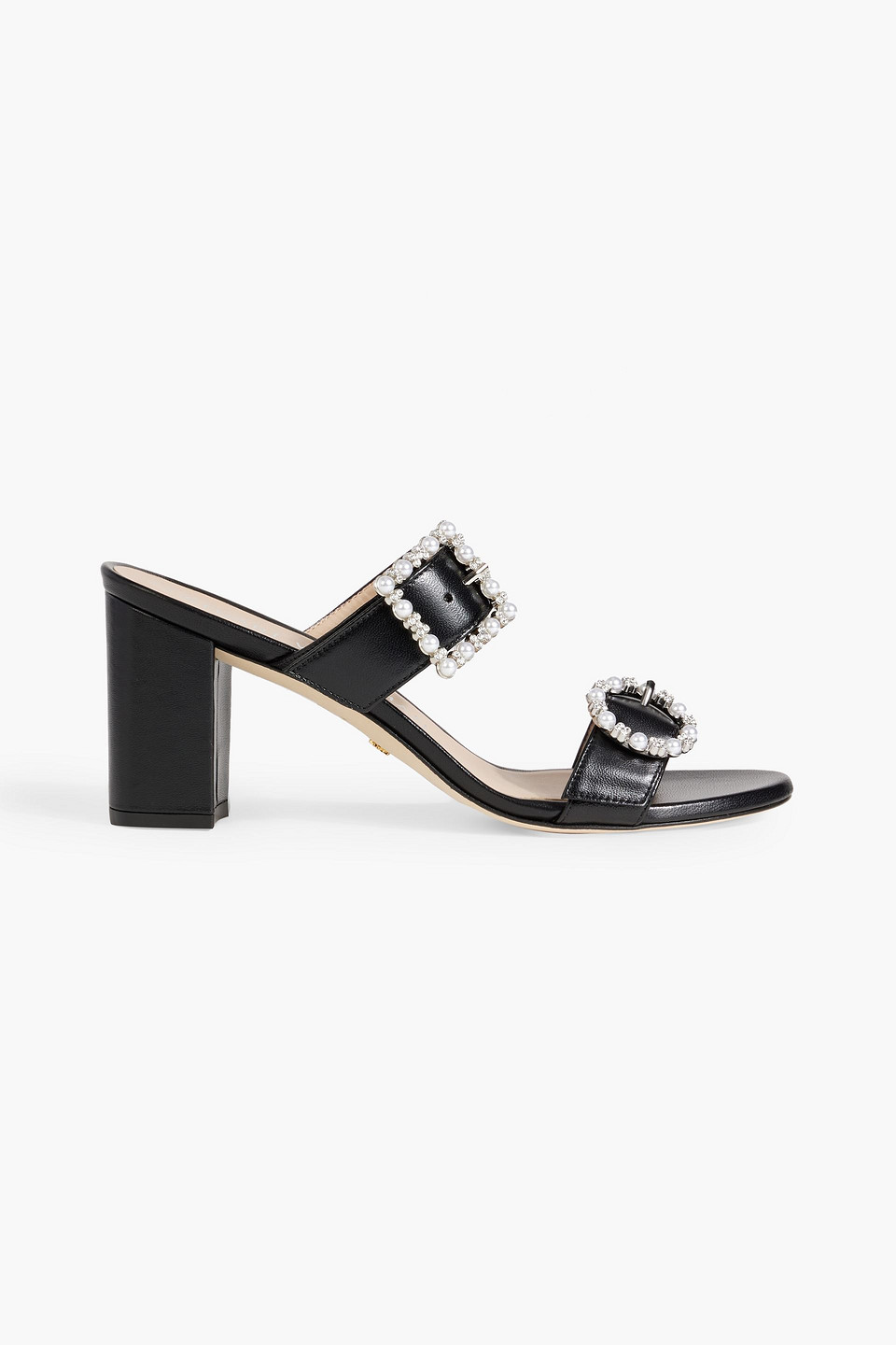 Stuart Weitzman Pearl Geo Buckle Embellished Leather Mules In Black