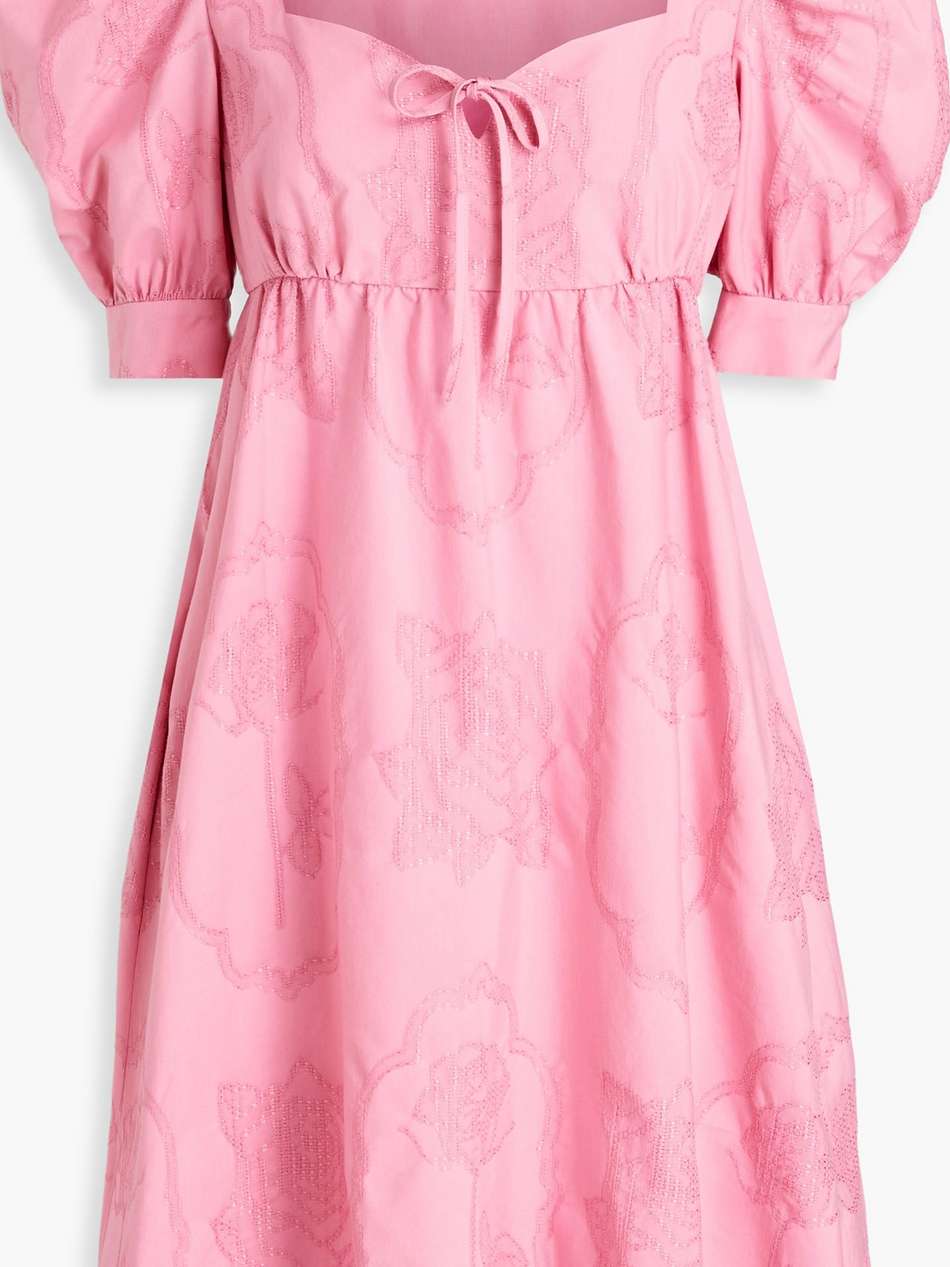 bow-detailed gathered cotton-jacquard mini dress