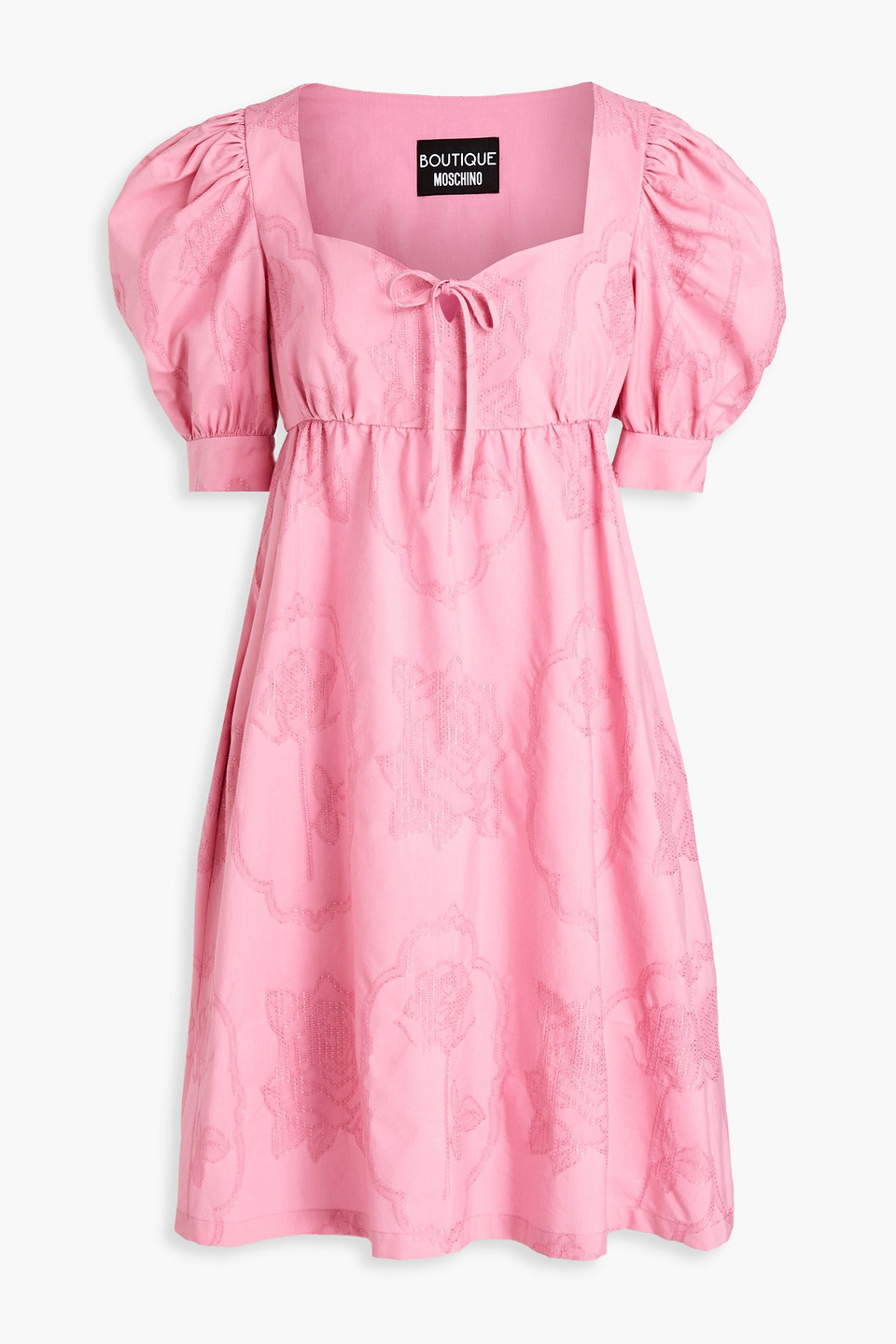 Boutique Moschino Bow-detailed Gathered Cotton-jacquard Mini Dress In Bubblegum