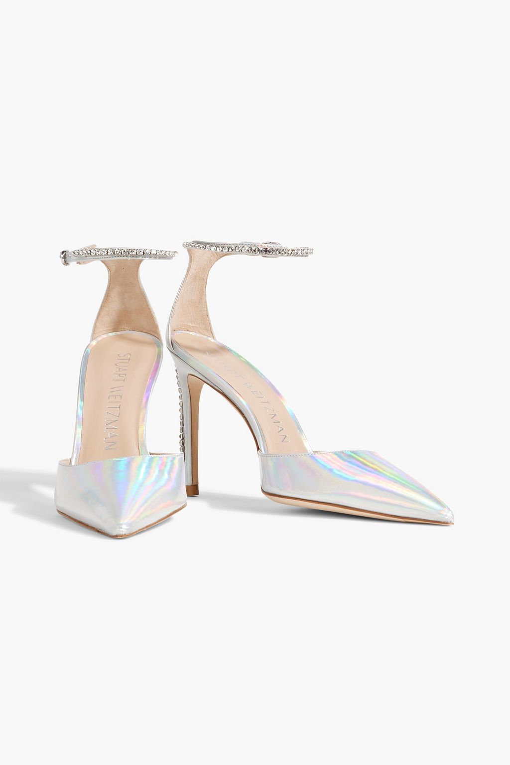 STUART WEITZMAN Glam 100 crystal-embellished holographic leather pumps